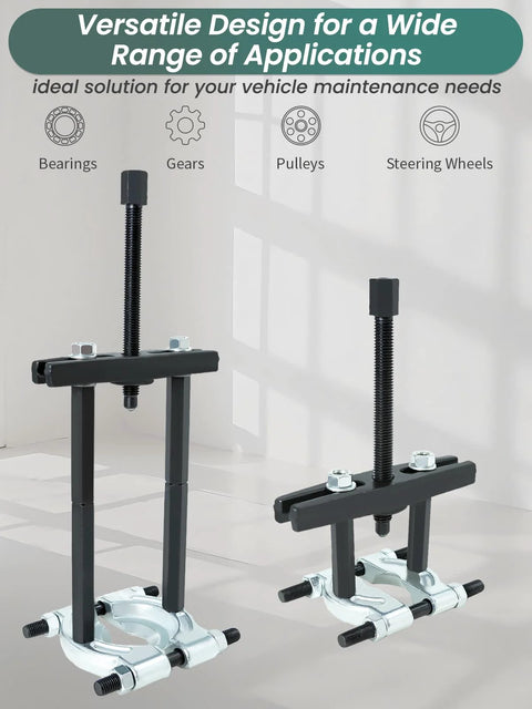 5 Ton Bearing Removal Puller Kit with 2 Inch and 3 Inch Jaws, used for bearings, gears, pulleys, and steering wheels, displayed vertically.