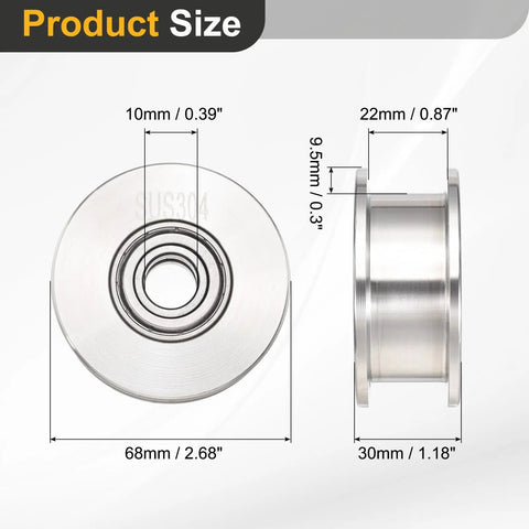 Heavy Duty H Groove Pulley Wheel Made From 304 Stainless Steel With Precision Ball Bearing for slick sliding gate applications, dimensions 68mm x 30mm.