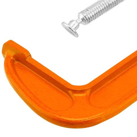 Close-up of a Two Pack 10 Inch C Clamp Set For Woodworking And Metalworking Heavy Duty Cast Iron C Clamp with orange finish in use.