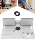 Top Shelf Aluminum Alloy Router Table Insert Plate Slick Surface Precision Fit Milling Base with measuring tool and fence.