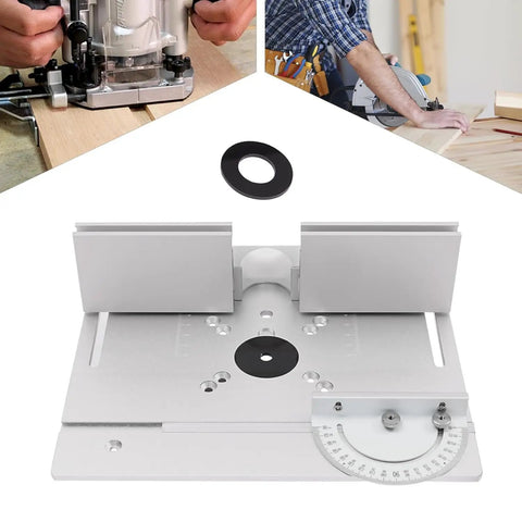 Top Shelf Aluminum Alloy Router Table Insert Plate Slick Surface Precision Fit Milling Base with measuring tool and fence.