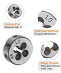 Metric Tap And Die Set M3 To M12 With Taps Dies Wrench And Storage Case For Quick Rethreading And Thread Repair Carbon Steel Tool Kit For Male And Female Threads Great For DIY Auto Shop Projects, featuring a detailed view of the die component with locking port and size markings for easy identification.