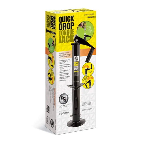 Quick Drop Tongue Jack For A-Frame Trailers, Cargo And Utility Trailers, And 5th Wheel RVs, Power Or Manual Operation, Drill Ready, No Fuss Easy Raise And Lower, Black product packaging.