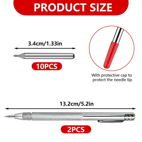 Tough As Nails Tungsten Carbide Scribe Pen Kit With Two Rugged Markers And Ten Dead Sharp Replacement Tips For Flawless Etching On Glass Ceramic And Metal Surfaces size dimensions for 10 and 2 pieces.