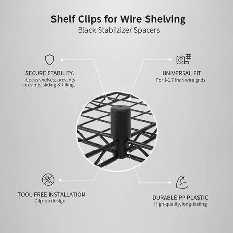 Tough as Nails Black PP Shelf Clips for Wire Shelving, Stabilizer Spacers That Fit 1 to 1.7 Inch Grids, Ultra Secure