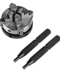 Top Shelf 4 Jaw Reversible Self Centering Lathe Chuck With M14 Thread Mount And 50mm Jaw Capacity and two handles for adjustment.