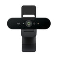 Certified Refurbished Ultra 4K Webcam For Crisp Video Calls And Snappy Live Streaming With Adaptive Light Correction Plus Crisp Five Times Zoom in front view on a stand.