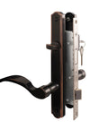 Top Tier Hinged Patio Door System With Slick Lever Handle Mortise Lock For Screen Storm Door Quick Fix Oil Rubbed Bronze close-up