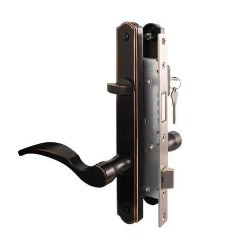 Top Tier Hinged Patio Door System With Slick Lever Handle Mortise Lock For Screen Storm Door Quick Fix Oil Rubbed Bronze close-up