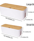 Dual Cable Management Box Set With Small And Large White Cord Hiders for desk or home office, dimensions labeled