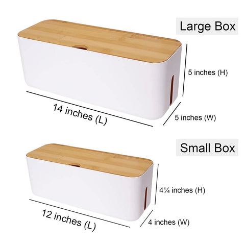 Dual Cable Management Box Set With Small And Large White Cord Hiders for desk or home office, dimensions labeled