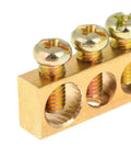 Top Shelf One Pack Golden Wire Screw Connector Terminal Block With Snug Six By Nine Crimp Holes For Heavy Duty Electrical Wiring And No Fuss Quick Connect Installations, showing close-up of brass connector with screws.