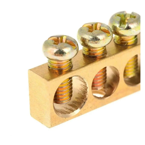 Top Shelf One Pack Golden Wire Screw Connector Terminal Block With Snug Six By Nine Crimp Holes For Heavy Duty Electrical Wiring And No Fuss Quick Connect Installations, showing close-up of brass connector with screws.