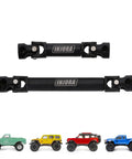 Heavy Duty CNC Hardened Steel Drive Shaft For Axial SCX24 Rock Crawler Jeep Bronco JL, black, sturdy design, shown above vehicles.
