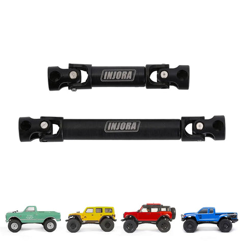 Heavy Duty CNC Hardened Steel Drive Shaft For Axial SCX24 Rock Crawler Jeep Bronco JL, black, sturdy design, shown above vehicles.