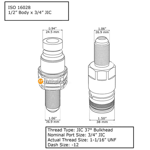 Diagram of JIC flat face hydraulic quick connect coupler set dimensions and specifications for Bobcat skid steer loader