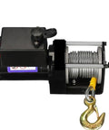 Heavy Duty 3000 Lbs Electric Winch With Wireless Remote And Synthetic Rope For ATV, Truck, SUV Recovery, Boat Trailer Pulling Off Road Adventures Shop Fixes, close-up of synthetic rope and motor.