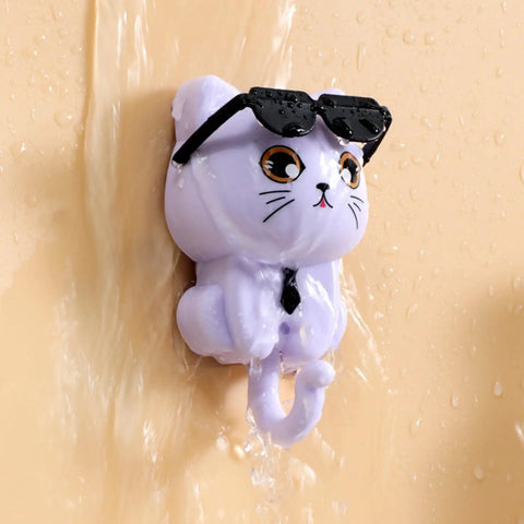 Cool Cat Key Holder With Sunglasses No Drill Adhesive Hooks Four Pack For Keys Hats Coats Towels Wall Decor for Bathroom
