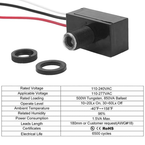 Outdoor Photocell Light Sensor For Dusk To Dawn Lighting No Fuss Auto On Off Hard Wired Post Light Controller with specifications table