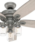 Lit Clear Ceiling Fan Glass Shade 3 Pack Kit, Cylindrical Jar-Style, shown on a modern ceiling fan with wood blades.