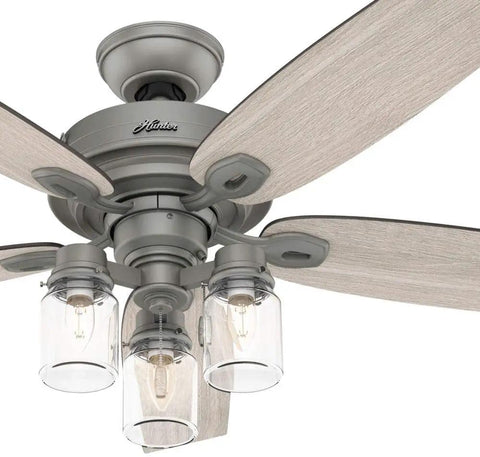 Lit Clear Ceiling Fan Glass Shade 3 Pack Kit, Cylindrical Jar-Style, shown on a modern ceiling fan with wood blades.