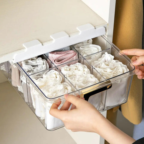 Adhesive Hanging Closet Rod Rack With Extra Sock And Underwear Dividers Straight Up Keeps Your Closets Hella Neat Zero Clutter flexible organizers for socks in clear dividers.