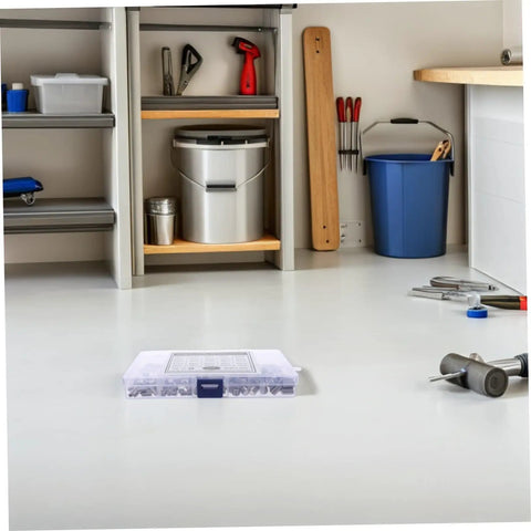 Toolkit and floor with Beefy 300 Piece Stainless Steel Set Screws Kit With Allen Wrenches Cup Point Hexagon Headless Grub Screws