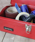 Nineteen Inch Heavy Gauge Steel Barn Tool Box With Padlock Clip Lock And Sturdy Carry Handle Includes Bonus Tote Tray For Shed Garage Badass Shop Workhorse showing various tools inside.