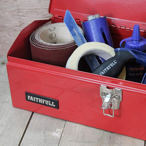 Nineteen Inch Heavy Gauge Steel Barn Tool Box With Padlock Clip Lock And Sturdy Carry Handle Includes Bonus Tote Tray For Shed Garage Badass Shop Workhorse showing various tools inside.