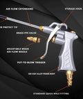Heavy Duty Air Blow Gun With Brass Adjustable Flow Nozzle And Two Steel Flow Extensions, showing components and trigger.