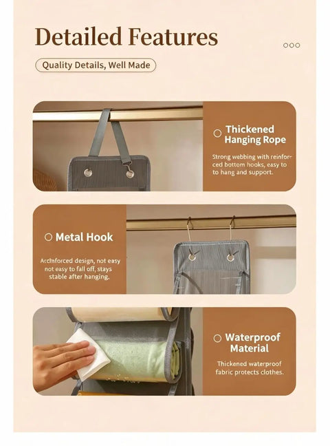 Detailed features of Slick Double Sided Hanging Closet Organizer With Sixteen Clear Pockets For Gym Gear And Casual Threads in Charcoal Gray.