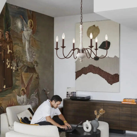 Six Light Farmhouse Chandelier With Dope Vintage Candle Design Rustic Industrial Pendant Lighting In White And Dark Brown