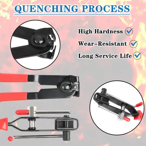 Universal CV Boot Clamp Pliers And CV Joint Ear Clamp Tool made of carbon steel with red handles, shown with adjustable clamp head.