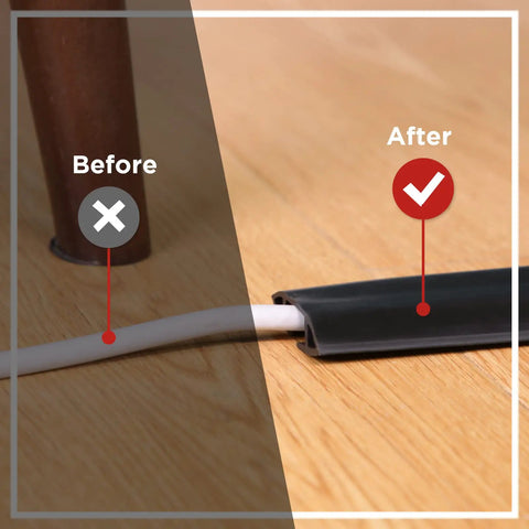 Before and after use of 16 Ft Silicone Floor Cord Cover 2 Piece Set Cable Protector For Home Office And Garage Black Cut To Fit Design