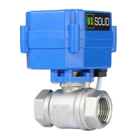 Motorized 1/2 Inch Ball Valve With Full Port 304 Stainless Steel, NSF Certified Drinking Water Safe, NPT Threads, 9 To 24V AC DC, Two-Wire Auto Return