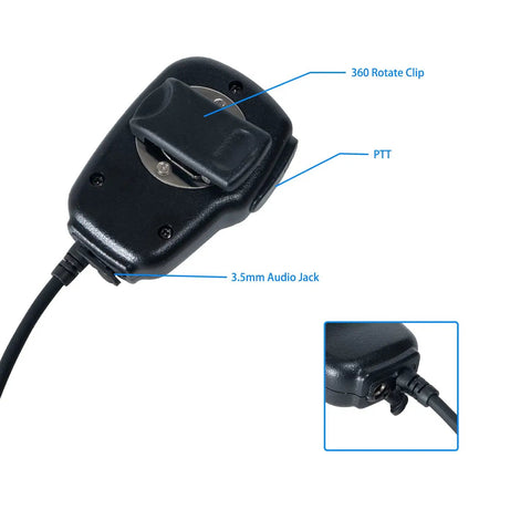 Back of Two Way Radio Walkie Talkie Shoulder Microphone With Earpiece For Baofeng UV5R BFF8HP BF888S Kenwood showing clip and ports