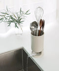 Self Draining Kitchen Utensil Holder For Countertop Featuring Dual Drain Spout And Circular Drip Tray Beige Small Silverware Drying Rack Cup Holder
