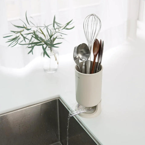Self Draining Kitchen Utensil Holder For Countertop Featuring Dual Drain Spout And Circular Drip Tray Beige Small Silverware Drying Rack Cup Holder
