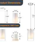 Dual Glass Pendant Lights 2 Pack With Brushed Nickel Finish showing dimensions and comparison to a 12oz cup
