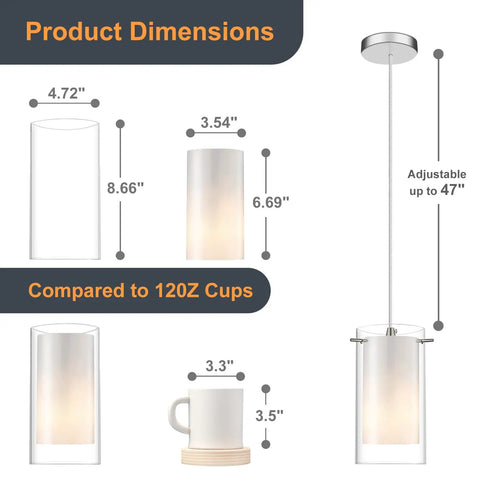 Dual Glass Pendant Lights 2 Pack With Brushed Nickel Finish showing dimensions and comparison to a 12oz cup