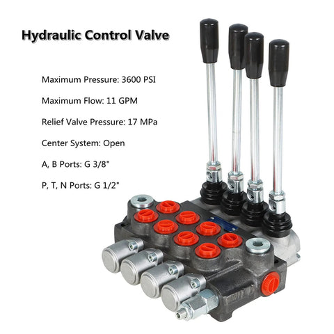 Front view of a four-spool hydraulic control valve with black lever handles and red port plugs