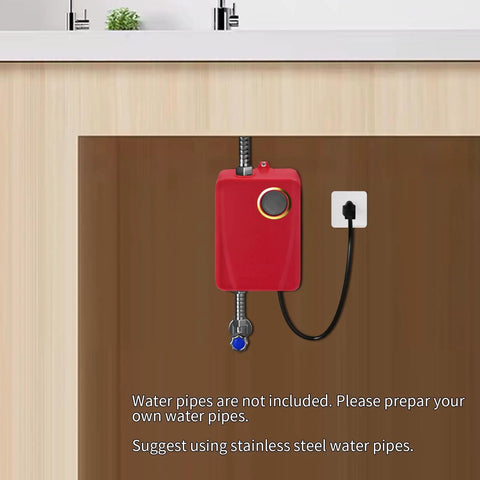 Sleek Red Instant Tankless Electric Water Heater, 3000W On Demand Wall Mount Unit installed under a sink with connections.