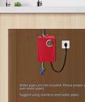 Compact Wall Mounted Tankless Electric Water Heater Featuring A Top Shelf 3000W Instant Hot On Demand Setup For Zero Waiting Around And Lightning Fast Warm Flow For Kitchen Or Bathroom Use No Fuss, red unit installed under sink.