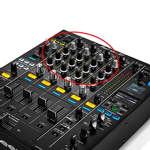 5 Pack EQ Knob Replacement Set For DJ Controllers And Mixers Durable Potentiometer Fader Caps installed on Pioneer DJM mixer