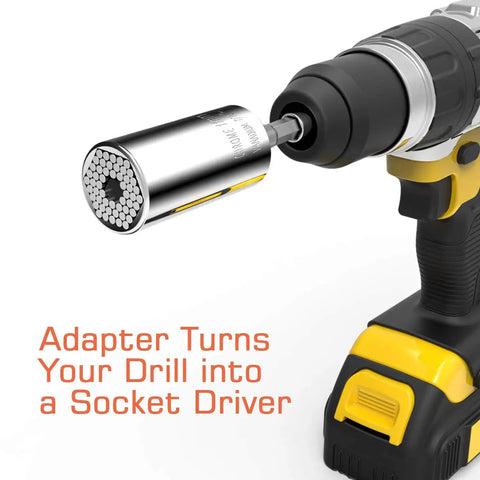 Self Adjusting Universal Socket Fits 7/16 Inch To 1-1/4 Inch And 11mm To 32mm attached to drill, adapter socket driver
