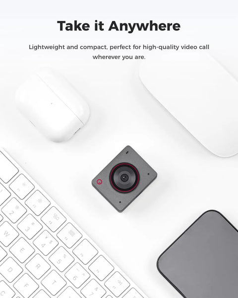 Next Level 4K USB Camera For PC With Plug And Play Setup, compact design on a desk with keyboard and accessories.