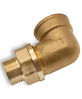 Brass 90-degree pipe elbow adapter, 3/4 in male NPT to 1 in female, side view
