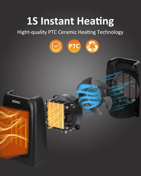 Diagram of Compact Ceramic Space Heater With 1500W And 900W Modes, showcasing PTC heating technology for fast heat.
