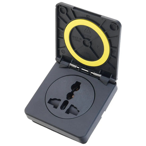 Rock Solid 10A Weatherproof Outdoor Power Outlet, 250V Camping Socket showing a black nylon cover and open design for easy access.