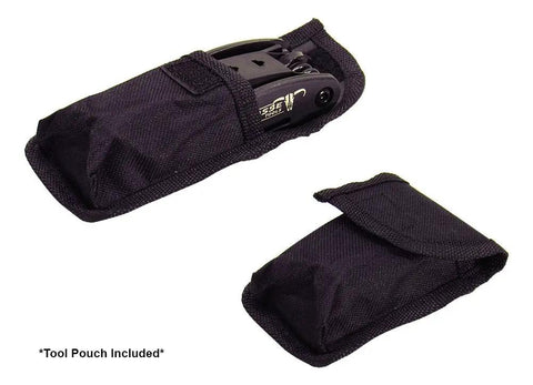 Grab and Go Folding Metric Repair Tool Kit for Motorcycle and Bike with belt pouch shown from front and side angles